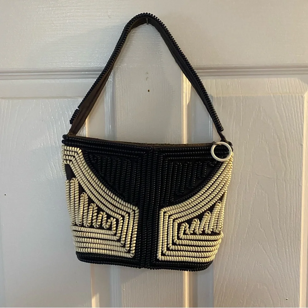 VTG 40’s Black Navy White Stripes Telephone Cord Wire Bag Purse